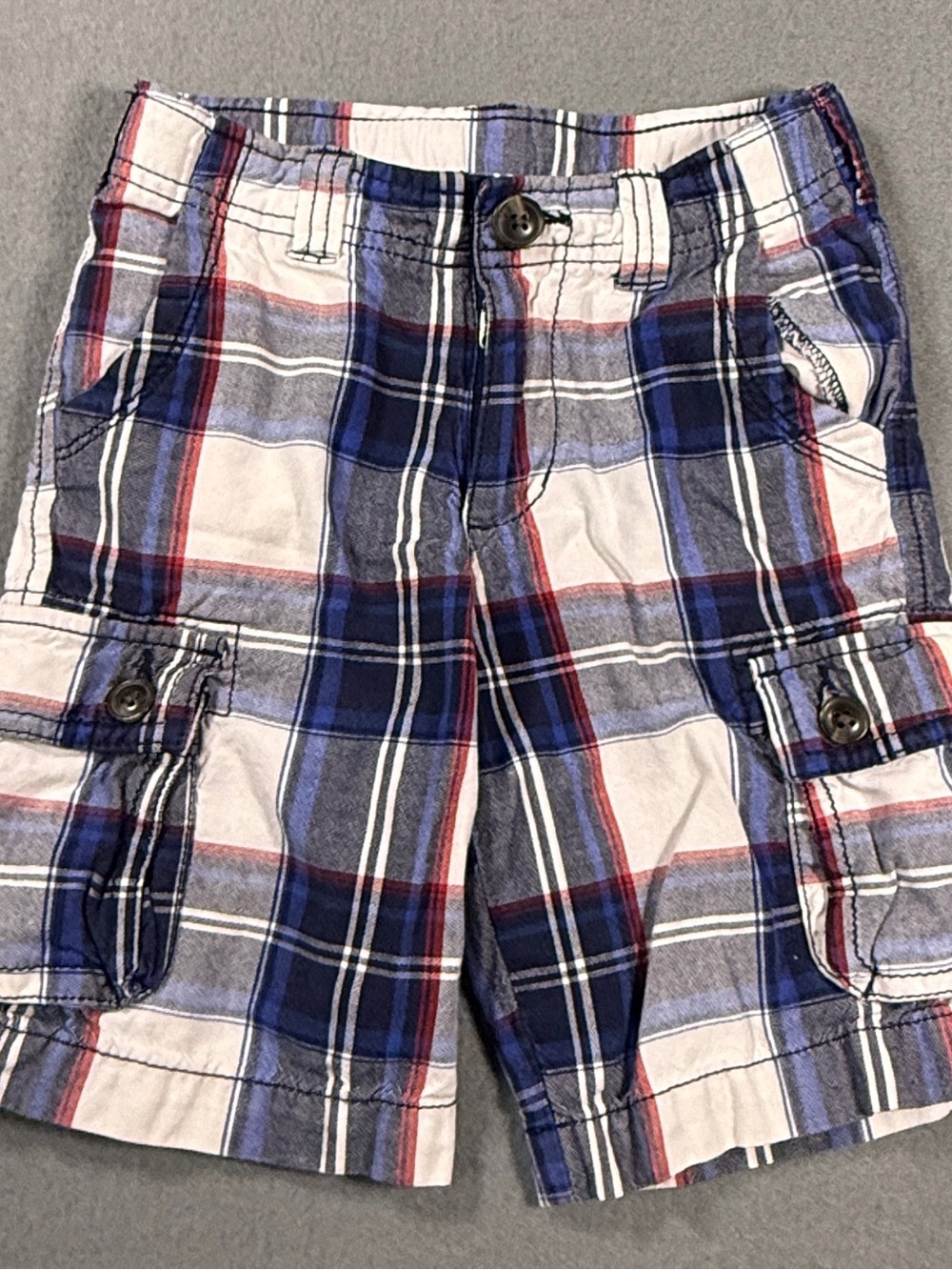 Arizona Jean Company Blue and White Plaid Cargo Shorts with Red Accents